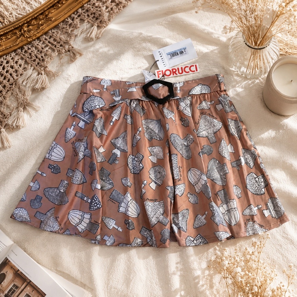 Fiorucci Mushroom Print Mini Skirt IT40 US 2 Pink Belt Y2K Vibe NWT Italy Whimsy